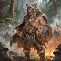 A muscular barbarian warrior with blue war paint let out a fierce battle cry. He wears a majestic wolf-head pelt and heavy furs, clutching a notched sword and a shield emblazoned with a wolf emblem. The painterly woodland background is filled with the hazy light of a primitive forest.