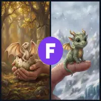 A split-image showing a tiny beige dragon hatching in a pair of cupped hands on the left, and a small green dragon perched on a human finger on the right.