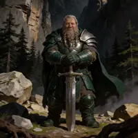 A noble, gray-bearded dwarf in polished green and silver plate armor rests both hands on a heavy longsword. He stands in a lush, mossy forest clearing, his green cloak flowing behind him in a classic, heroic fantasy pose.
