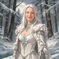 A silver-haired elf in an exquisite white gown adorned with fur and silver embroidery. She stands amidst a tranquil, snow-covered forest, her pale skin and icy blue jewelry reflecting the cold, bright light of a winter morning in a soft, painterly style.
