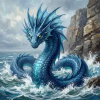 A colossal, deep-blue sea serpent with spined fins and glowing yellow eyes rises from a churning ocean. Crashing white-capped waves and steep coastal cliffs frame the dragon, capturing a dynamic and turbulent maritime legend in a painterly style.