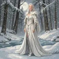 Fantasy art of a female Winter Elf or Snow Queen in an ornate white gown and silver armor. She has long white hair and stands in a moonlit, snowy forest by a frozen stream. Ideal for DnD character portraits and wintry holiday decor.