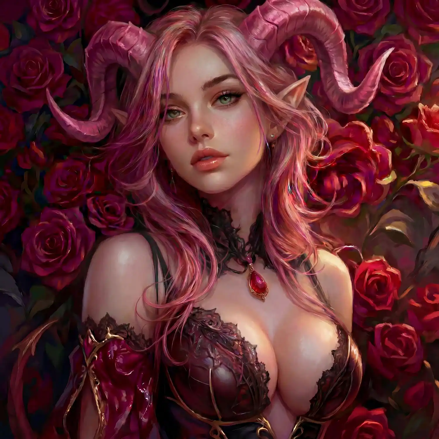 A digital painting of a female character with long pink hair, pointed ears, and large curved horns. She is wearing a lace-trimmed bodice and is surrounded by a dense backdrop of dark red roses.