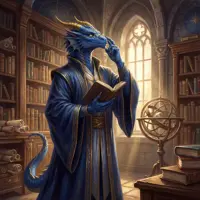An anthropomorphic blue dragon in ornate blue and gold scholar's robes, reading a book in a sunlit library.