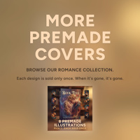 A promotional graphic with the text "MORE PREMADE COVERS" on a neutral, warm background. It invites buyers to browse the "Fantasy Romance Collection," noting that each design is sold only once.