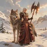 A battle-ready warrior with long silver hair stands beside a towering timber wolf in a deep, snow-covered forest. Clad in layered red dragon-scale armor, she holds a heavy spiked poleaxe. The background features jagged, frozen peaks and pine trees, rendered in a moody and evocative digital art style.
