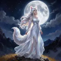 A regally dressed kitsune goddess in a shimmering, translucent white gown stands atop a mountain peak under a massive full moon. Her long white hair and bushy tail catch the lunar glow, creating a silhouette against the dark, cloudy night sky. The style is ethereal and cinematic, emphasizing the magical and divine nature of the character.