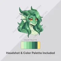 Custom fursona commission includes detailed headshot portrait and color palette swatch, shown with a female anthro dragon character. Anime kemono style furry design by Fantasmatics.
