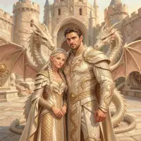 A noble couple in ivory and gold dragon-scale armor stands before a grand castle. The woman has delicate elven features and white hair, while the man sports large, majestic dragon wings. The scene is bright and regal, filled with intricate architectural details.