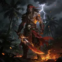 A wild-haired fighter stands on a volcanic shore under a lightning-filled sky. He holds a jagged blade infused with glowing orange energy. The high-contrast lighting and swirling storm clouds create a dramatic, action-heavy feel.