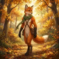 An anthropomorphic fox with a simple green scarf and satchel, walking through a sunlit, golden autumn forest.