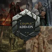 A professional high-fantasy promotional graphic featuring a central, hexagonal stone emblem. The emblem is engraved with ancient silver runes and wrapped in dark, thorny vines with small green leaves. The text "COUPLE ADD-ON" is prominently displayed in a bold, gold and white serif font.