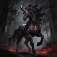 A dark, majestic nightmare unicorn with sleek black fur and glowing red eyes stands in a misty, dark forest. Its body is adorned with ornate, silver-lined armor plating embedded with glowing crimson gemstones that pulse with light. A large, spiraled black horn sits on its brow, and its flowing mane and tail appear like wisps of smoke. The ground beneath its hooves glows with embers, casting an eerie red light upward in a painterly, high-fantasy style.