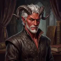 A portrait of an older man with deep red skin, white hair, and a white beard. He has large, dark, ridged horns and is dressed in a structured brown leather tunic.