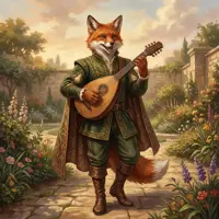 An anthropomorphic fox in a green tunic and feathered hat, playing a lute while walking through a garden.