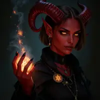 A tiefling sorceress with red skin, curved horns, and glowing golden eyes, casting a spell with a radiant magical orb and runes in her hand, representing a powerful arcane caster in a dark fantasy setting.