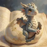 An adorable baby dragon with shimmering blue scales and large, curious amber eyes hatches from a golden-filigree egg. The dragonling rests on the open pages of an ancient, weathered tome filled with elegant script. It has tiny horns, spined ridges, and small wings, rendered in a whimsical, painterly high-fantasy style with soft, warm lighting that emphasizes the magical and scholarly atmosphere.