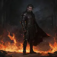 A brooding warrior in black-steel armor stands before a roaring fire in a dark hall. The orange embers dance around his dark cape, highlighting the meticulous metal textures and the somber, heavy mood of the piece.