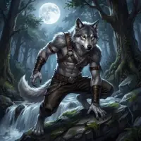 An anthropomorphic grey wolf in leather armor, crouched near a forest stream under moonlight.