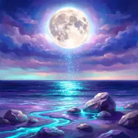 Surreal moonlit beach at night with glowing purple waves, sparkling magical reflections, and a giant moon illuminating the tide.