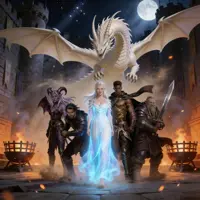 An epic fantasy party illustration features five adventurers standing before a massive, white-winged dragon within a castle courtyard. At the center, a woman in a glowing blue gown leads the group, flanked by a tiefling, two warriors, and a seasoned dwarf. The moonlit scene is illuminated by braziers and magical embers, creating a dramatic, high-stakes atmosphere in a painterly digital style.