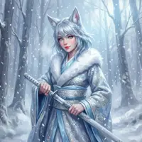 A stoic fox-eared warrior with silver hair and bright red eyes stands amidst a heavy snowfall in a frozen forest. She is dressed in a heavily layered, light blue winter kimono with fur trim, gripping a katana with a steady hand. The artwork features a cool-toned, serene palette and a soft-focus background, perfectly capturing a moment of quiet intensity in a high-fantasy winter setting.