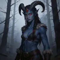 The Midnight Guardian. A blue-skinned tiefling woman with dark braids and curved horns stands alert in a moonlit forest. She wears minimalist leather armor and furs, her red eyes glowing against the cool, dark tones of the woods.
