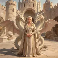 A serene maiden in a flowing cream gown and matching scale pauldrons stands in a grand castle courtyard. Behind her, a large white dragon spreads its wings, creating a protective silhouette. The bright, warm lighting highlights the detailed architectural stonework and the graceful bond between the character and her beast.