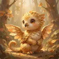 An adorable baby gryphon with golden, feather-like fur and large, expressive amber eyes stands in a sunlit autumnal forest. It has small, rounded wings with translucent tips, a tiny beak, and a long, tufted tail. The creature is surrounded by falling golden leaves and soft, dappled sunlight, rendered in a whimsical, painterly high-fantasy style that creates a warm and magical atmosphere.