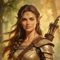 A focused female elf with golden-brown hair tied back, wearing practical leather scout armor with a quiver of arrows visible over her shoulder. She is bathed in the warm, dappled sunlight of an autumn forest, capturing a moment of quiet vigilance on the trail.