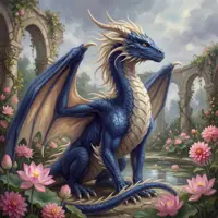 A sleek blue-and-white dragon rests beside a tranquil koi pond filled with pink lotus flowers. Surrounded by overgrown stone arches and lush greenery, the dragon’s calm expression and the soft, natural lighting create a peaceful, zen-like fantasy scene.
