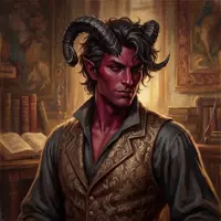 A portrait of a man with dark red skin and black, forward-curving horns. He has short dark hair and is wearing a gold-patterned waistcoat over a dark shirt, standing in a library setting.