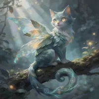 An enchanting fairy cat with soft teal fur and shimmering, leaf-like scales perches on a mossy branch. It features translucent, iridescent wings resembling both leaves and butterfly wings, with glowing golden eyes and a long, spiraled tail tipped with magical light. The scene is set in a sun-drenched, ethereal forest filled with floating embers and soft bokeh, rendered in a painterly high-fantasy style.