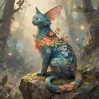 A graceful floral feline with teal fur and vibrant, petal-like scales sits on a mossy cliff. Its body features a gradient of orange, pink, and blue scales, with delicate flowers growing from its neck. It has large, translucent ears shaped like flower petals and alert amber eyes. The background is a soft, sun-dappled forest in a painterly high-fantasy style, filled with warm light and falling leaves.