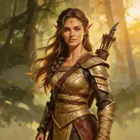 A confident elven ranger with long brown hair and golden leather armor stands in a sunlit forest clearing. Her quiver is visible over her shoulder, and the warm, golden-hour light creates a cinematic and adventurous feel for this high-fantasy scout.