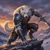 A muscular anthropomorphic white wolf in heavy plate armor, wielding a sword in a snowy mountain landscape.