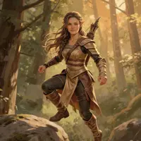 A wood elf warrior stands atop a mossy rock, surveying the golden-hour forest. She holds her position with grace, her hand resting near her bow. The warm, hazy lighting creates an atmospheric, immersive fantasy feel, blending her natural-toned armor seamlessly into the ancient trees and autumn leaves.