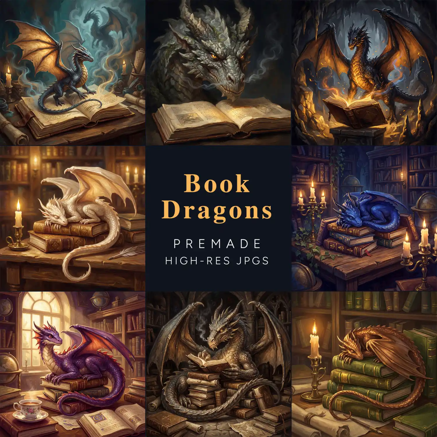 A collage of nine small illustrations featuring various "Book Dragons." The center square has the text "Book Dragons PREMADE HIGH-RES JPGS." The surrounding images show tiny dragons of different colors (purple, blue, gold, green) curled up on open books or nesting among stacks of old library volumes.