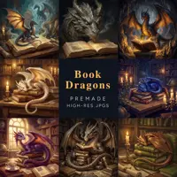 A collage of nine small illustrations featuring various "Book Dragons." The center square has the text "Book Dragons PREMADE HIGH-RES JPGS." The surrounding images show tiny dragons of different colors (purple, blue, gold, green) curled up on open books or nesting among stacks of old library volumes.