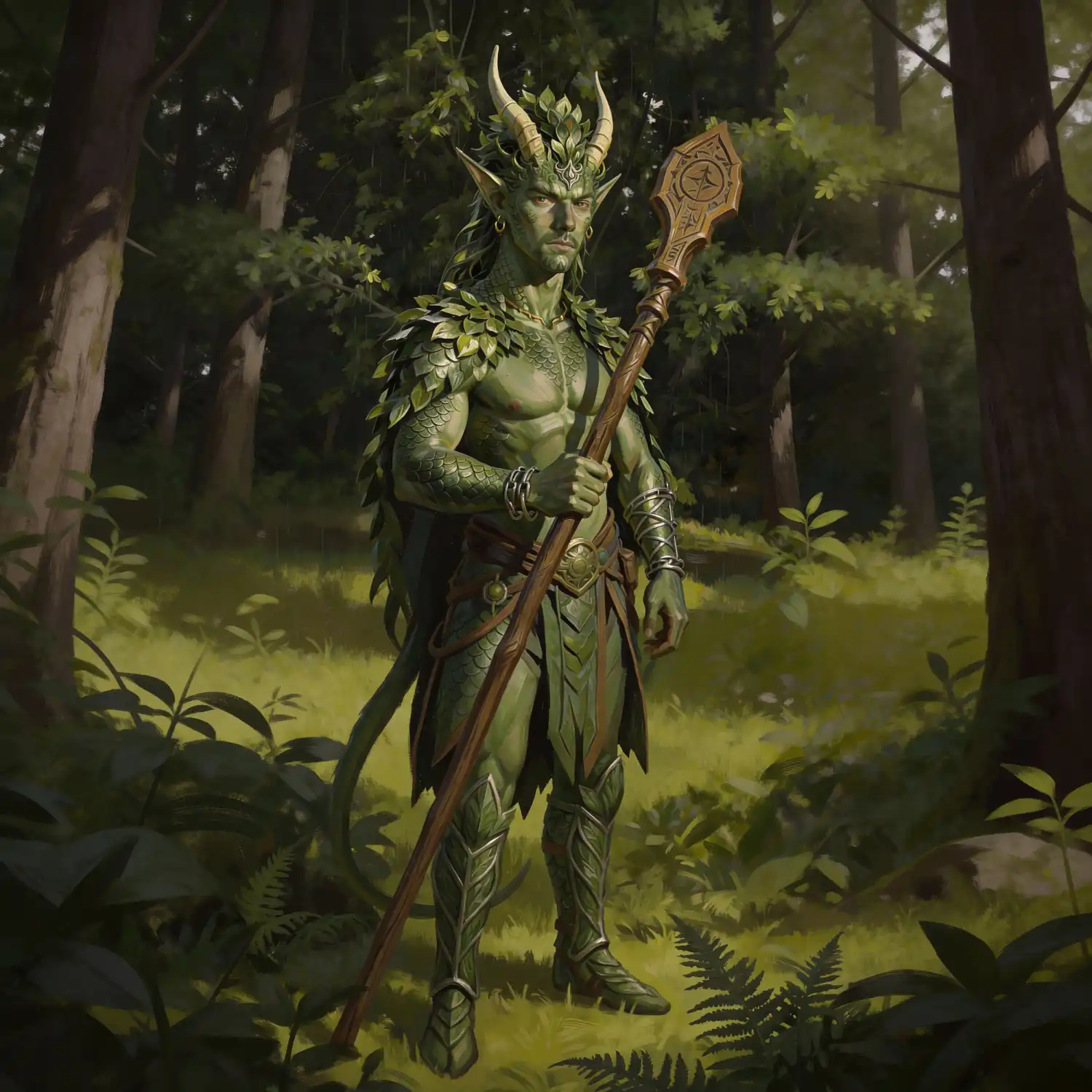 A firbolg druid with green-toned skin, horn-like features and leaf-covered shoulders, holding a carved wooden staff in a forest setting, representing a nature-bound spellcaster in fantasy RPG worlds.