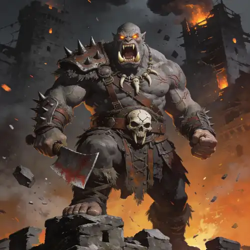 An orc warrior with grey skin and glowing eyes, roaring in battle while wielding a bloodstained axe, wearing spiked armor and bone ornaments, standing amid burning ruins, representing a brutal barbarian or berserker class in RPG worlds.