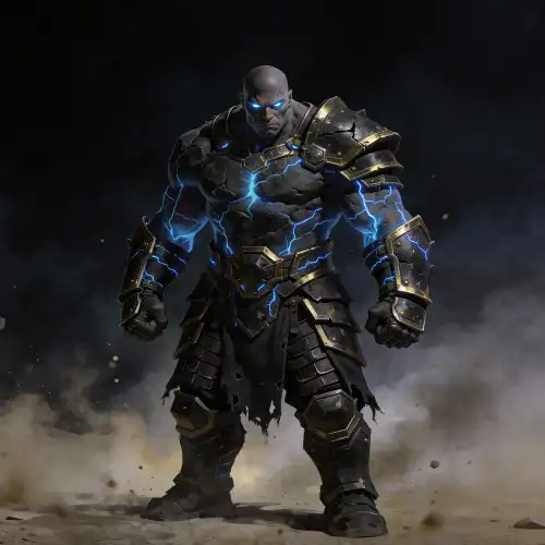 A goliath warrior with stone-like skin and glowing blue veins, wearing heavy armor with shoulder plates, standing firmly amid dust and debris, representing a powerful strength-based fighter or barbarian class in RPG worlds.