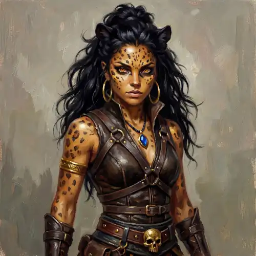 A panther-like humanoid with feline features, spotted skin, and sharp eyes, wearing leather armor and jewelry, representing a shapeshifter character with animal traits in a fantasy RPG world.