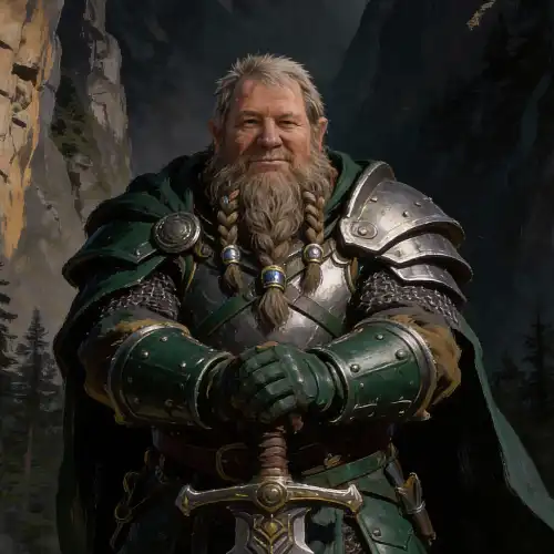 A seasoned dwarf warrior with a long braided beard and sturdy build, wearing heavy plate armor and a dark green cloak, resting both hands on the pommel of his sword, standing in a rocky mountain pass, representing a resilient fighter or guardian class in RPG worlds.