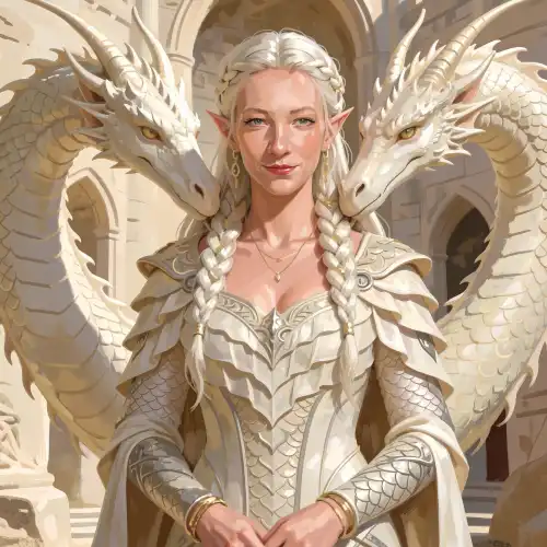 An elven noble or sorceress with braided white hair and refined features, wearing ornate scale-like armor in ivory tones, standing between two white dragons in a grand stone courtyard, suggesting a powerful magic user or dragon-bonded character in fantasy RPG worlds.
