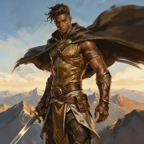 A human fighter with a muscular build, wielding a sword and wearing layered leather armor with bracers and a flowing cape, standing confidently on a mountain ridge, representing a classic frontline warrior class in RPG worlds.