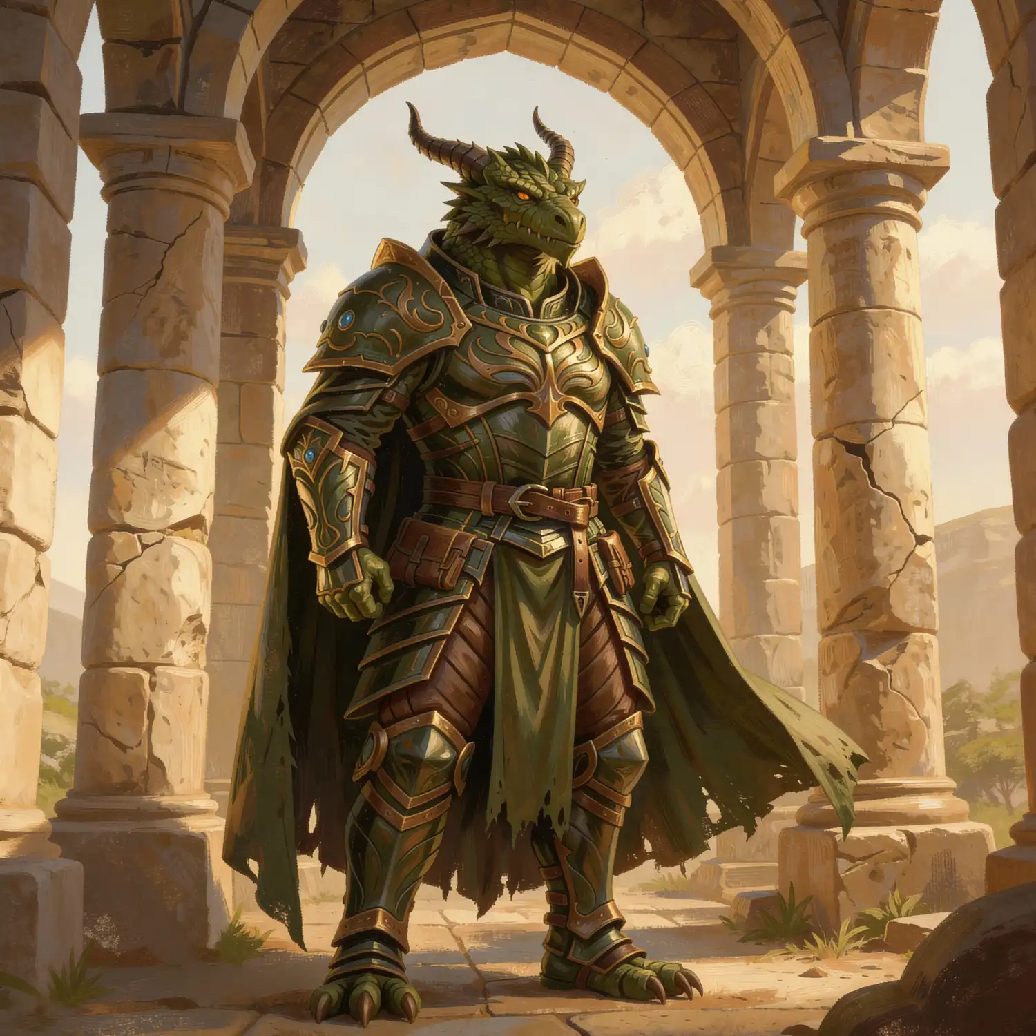 A dragonborn warrior with green scales and horns, wearing ornate heavy armor and a worn cape, standing beneath ancient stone arches, representing a disciplined fighter or paladin class in fantasy RPG worlds.