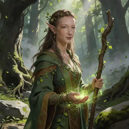An elven druid with pointed ears and a calm expression, holding a wooden staff wrapped in vines while conjuring green nature magic in her hand, standing in a sunlit forest, representing a nature-aligned spellcaster class in RPG worlds.