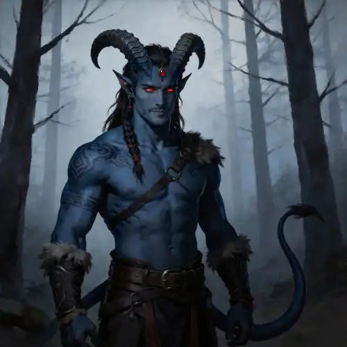 A tiefling spellcaster with purple skin, curved horns and bat-like wings, wearing dark leather armor and arcane jewelry, standing in a fiery environment, representing a warlock or demonic magic user in RPG worlds.