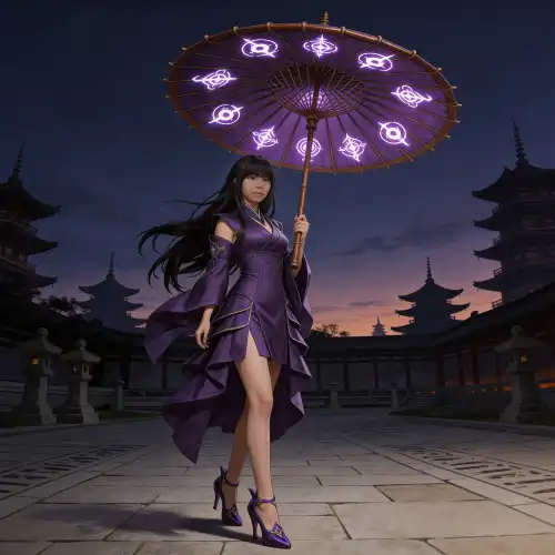 A graceful kagura-inspired mage known as the Umbrella Lady, holding a glowing enchanted parasol, dressed in flowing robes as she walks through a dark fantasy temple courtyard at dusk, representing a lawful good spellcaster with an elegant and mystical presence.